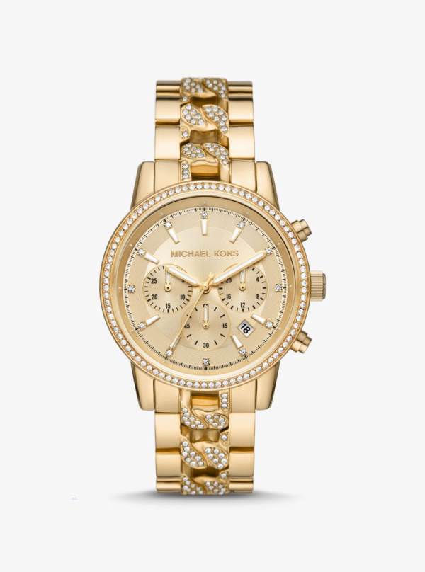 Damske Gold-tone Hodinky Michael Kors Oversized Ritz Pavé Curb Link Zlate - Hodinky Michael Kors Levně | TLIUW-7869